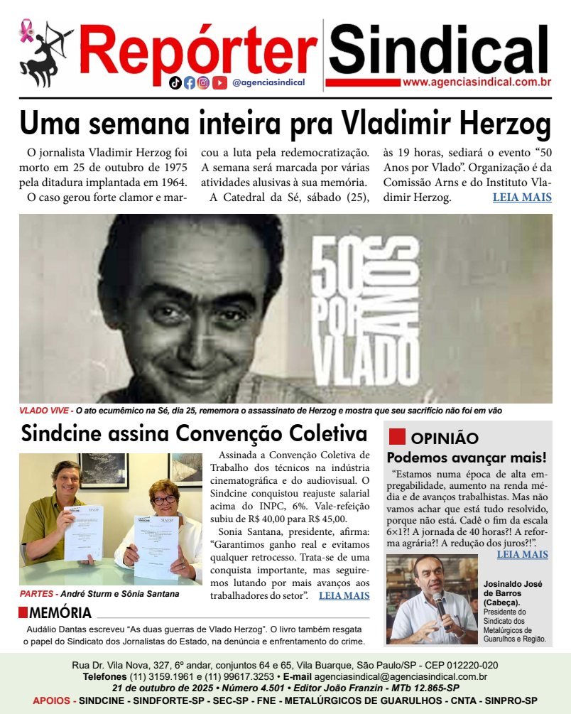 Capa do Repórter Sindical, edição 4.501: Uma semana inteira pra Vladimir Herzog
