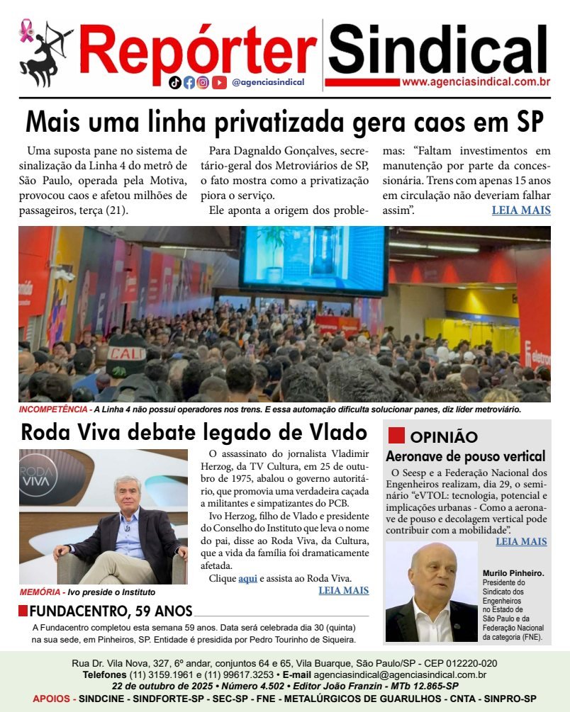 Capa do Repórter Sindical, edição 4.502: Mais uma linha privatizada gera caos em SP