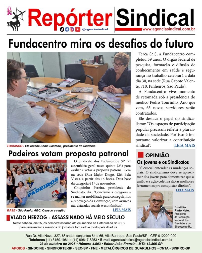 Capa do Repórter Sindical, edição 4.503: Fundacentro mira os desafios do futuro
