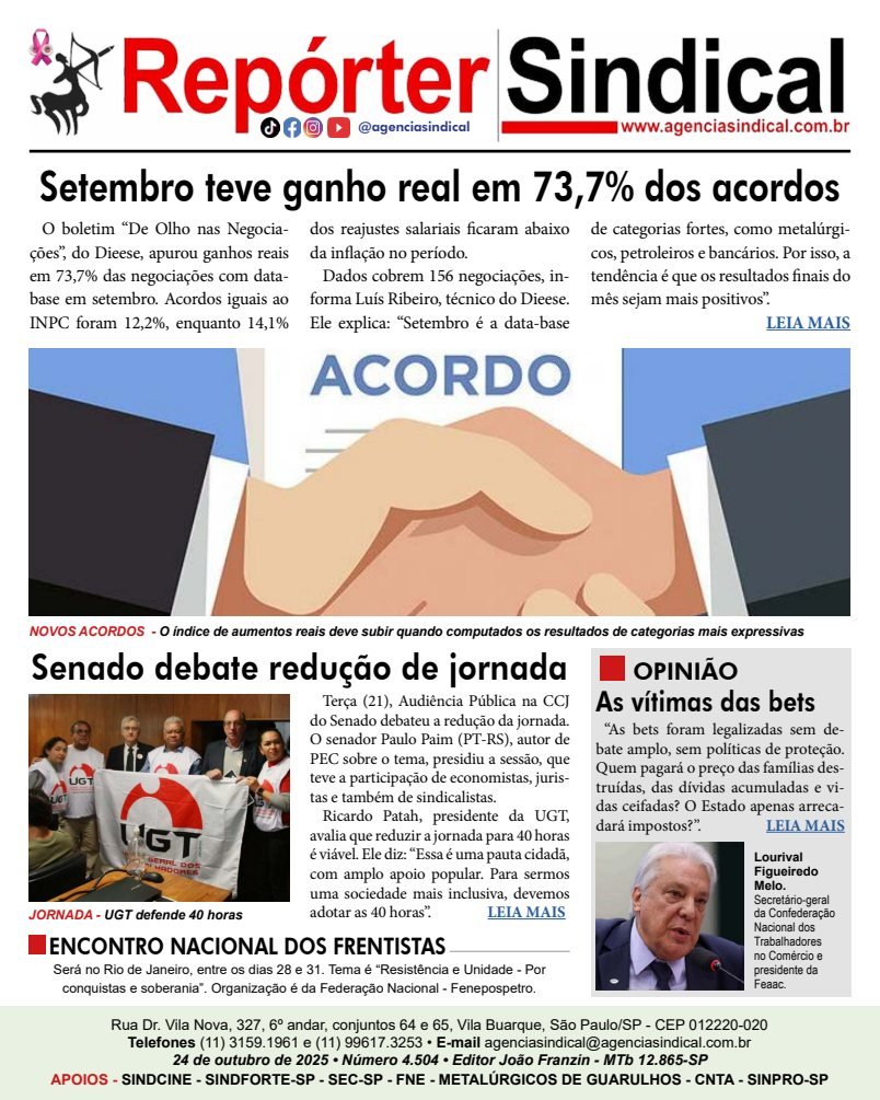 Capa do Repórter Sindical, edição 4.504: Setembro teve ganho real em 73,7% dos acordos