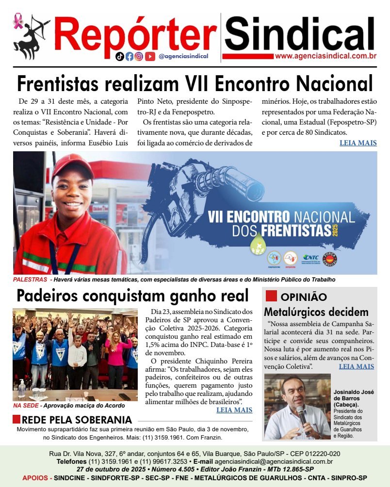 Capa do Repórter Sindical, edição 4.505: Frentistas realizam VII Encontro Nacional