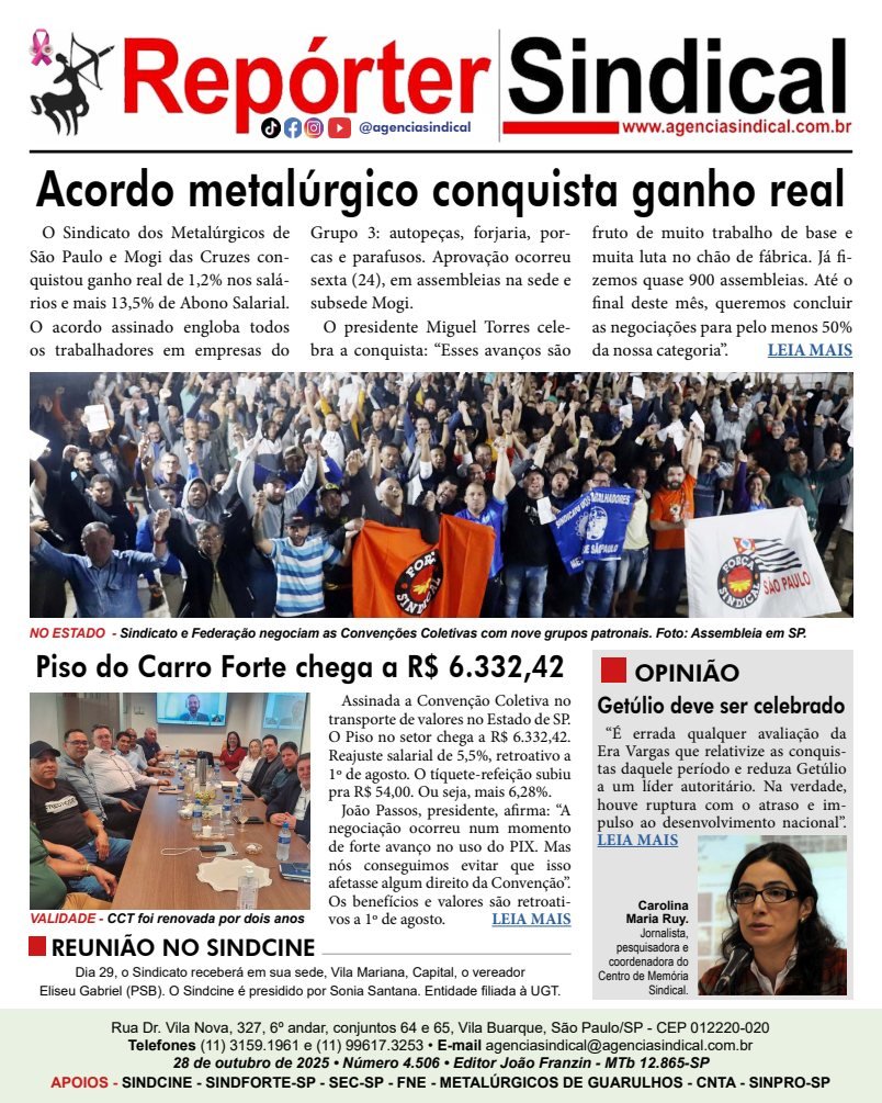 Capa do Repórter Sindical, edição 4.506: Acordo metalúrgico conquista ganho real