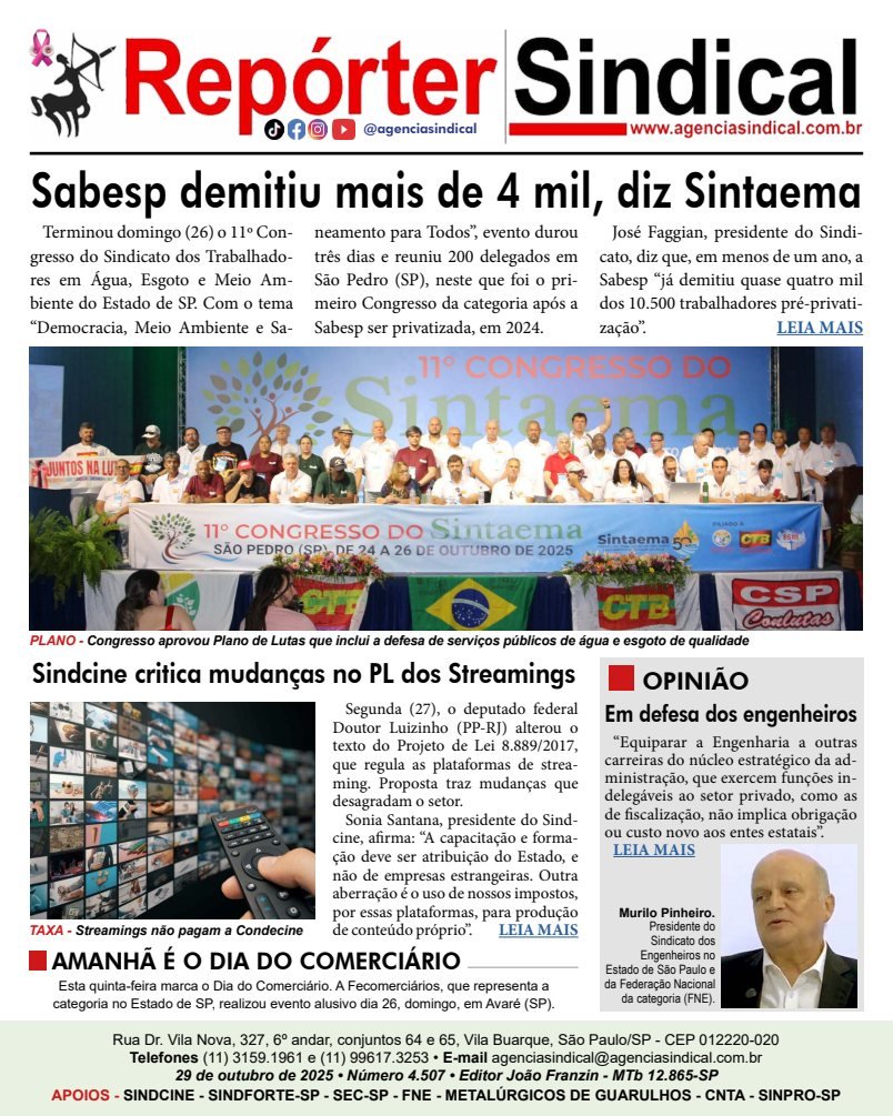 Capa do Repórter Sindical, edição 4.507: Sabesp demitiu mais de 4 mil, diz Sintaema