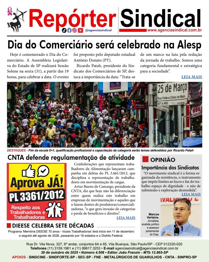 Capa do Repórter Sindical, edição 4.508: Dia do Comerciário será celebrado na Alesp