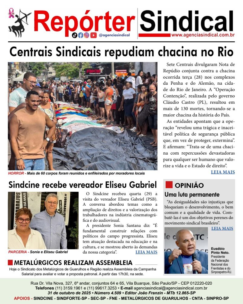 Capa do Repórter Sindical, edição 4.509: Centrais Sindicais repudiam chacina no Rio