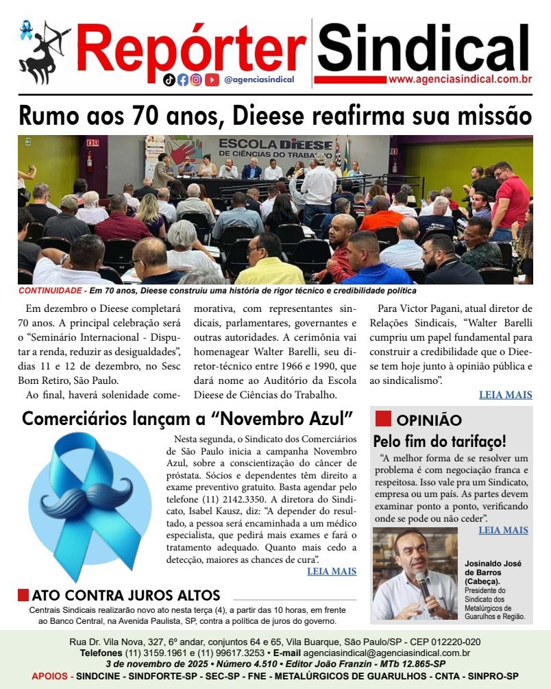 Capa do Repórter Sindical, edição 4.510: Rumo aos 70 anos, Dieese reafirma sua missão