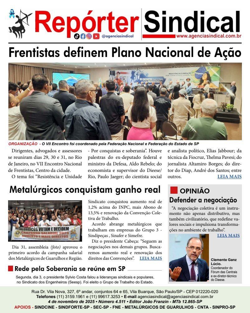 Capa do Repórter Sindical, edição 4.511: Frentistas definem Plano Nacional de Ação