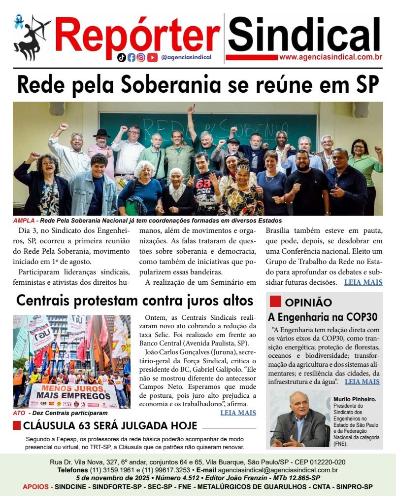 Capa do Repórter Sindical, edição 4.512: Rede pela Soberania se reúne em SP