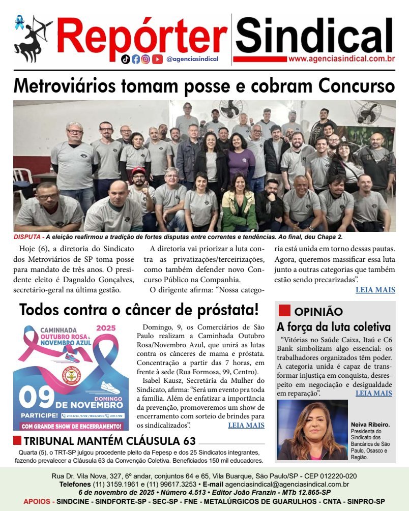 Capa do Repórter Sindical, edição 4.513: Metroviários tomam posse e cobram Concurso