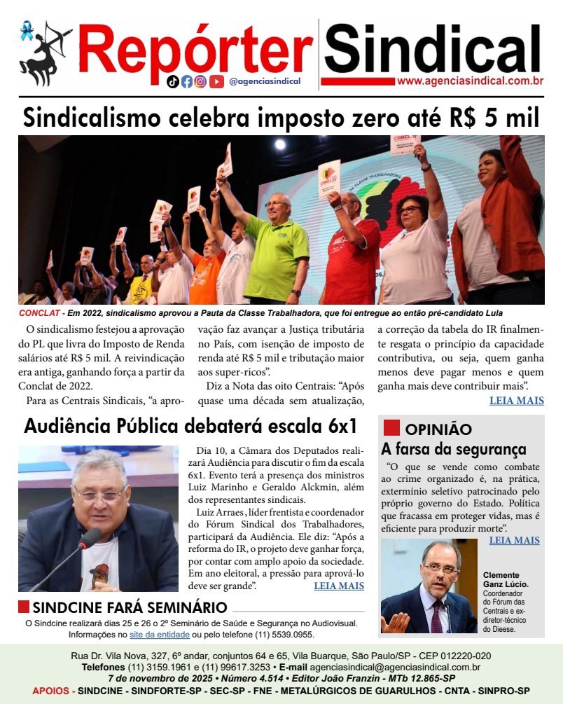 Capa do Repórter Sindical, edição 4.514: Sindicalismo celebra imposto zero até R$ 5 mil