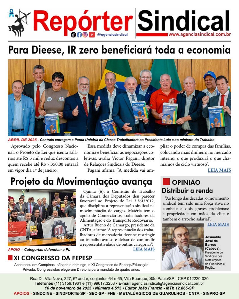 Capa do Repórter Sindical, edição 4.515: Para Dieese, IR zero beneficiará toda a economia