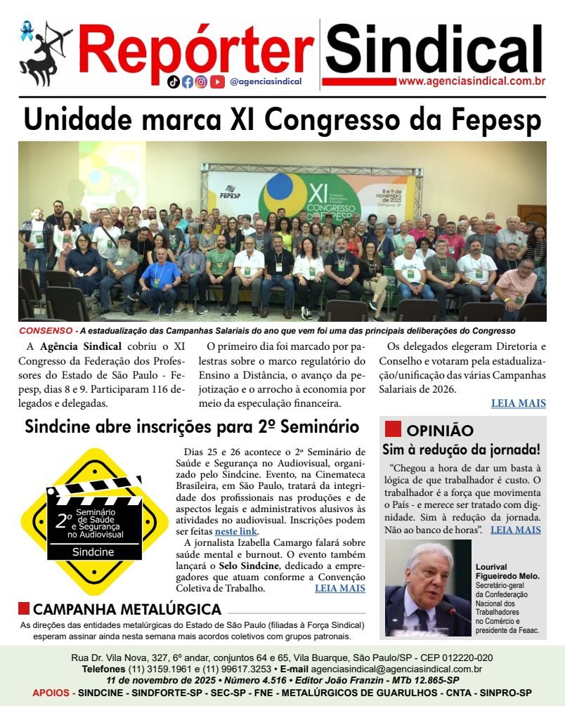 Capa do Repórter Sindical, edição 4.516: Unidade marca XI Congresso da Fepesp