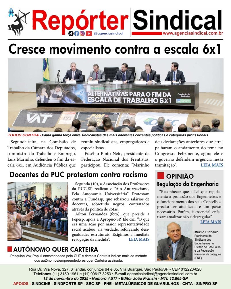 Capa do Repórter Sindical, edição 4.517: Cresce movimento contra a escala 6x1
