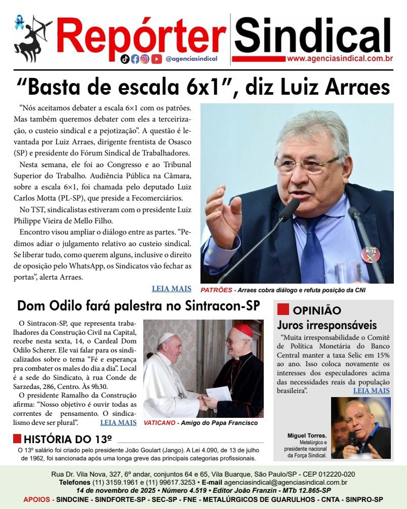 Capa do Repórter Sindical, edição 4.519: “Basta de escala 6x1”, diz Luiz Arraes