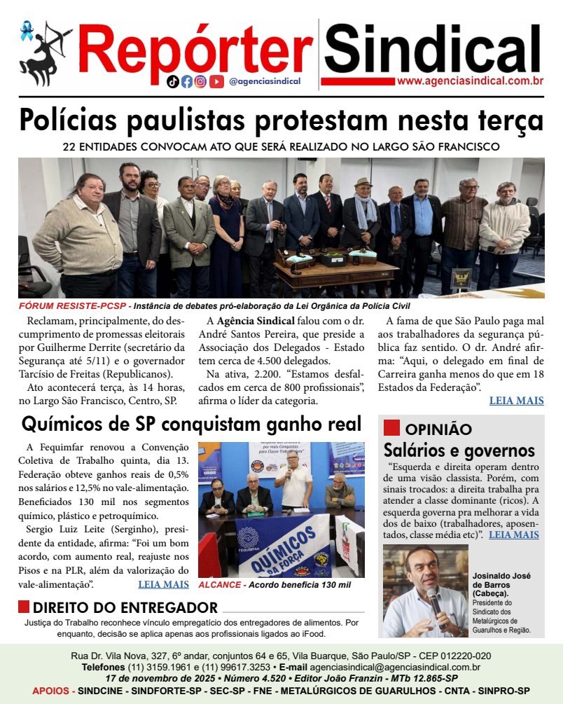 Capa do Repórter Sindical, edição 4.520: Polícias paulistas protestam nesta terça