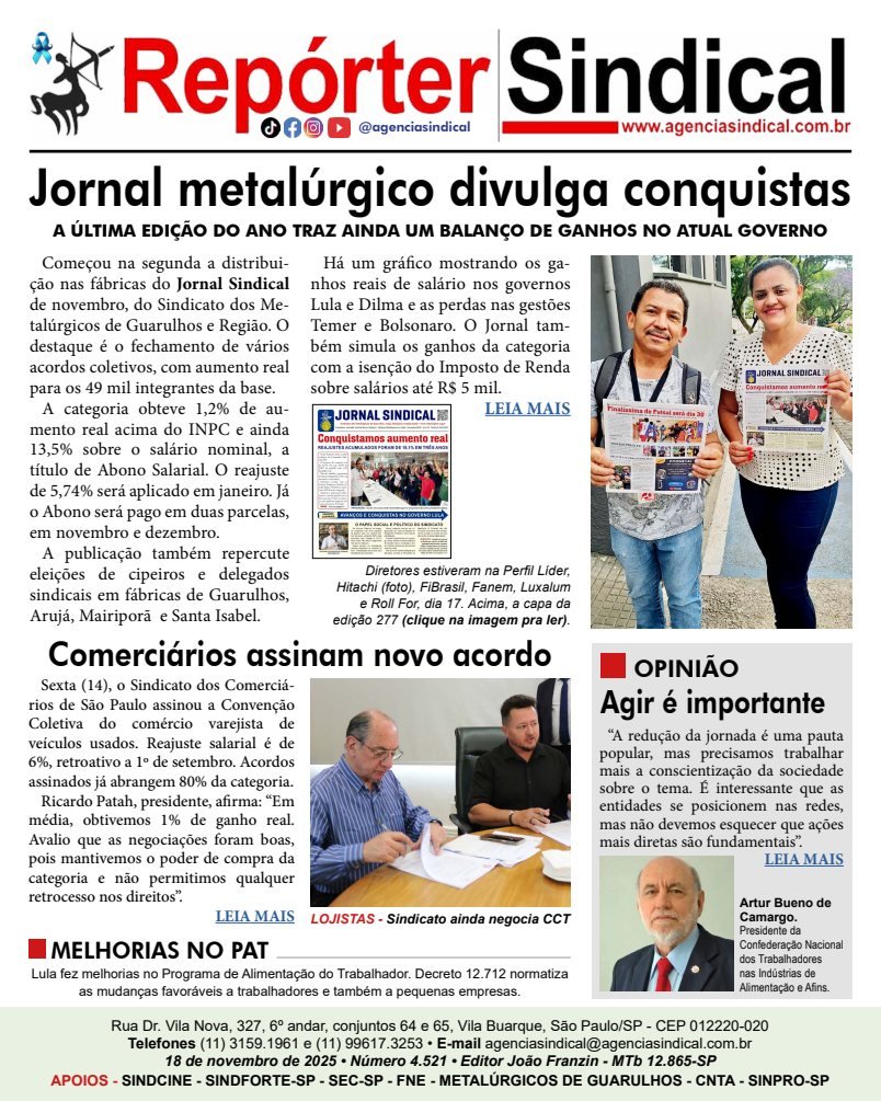 Capa do Repórter Sindical, edição 4.521: Jornal metalúrgico divulga conquistas