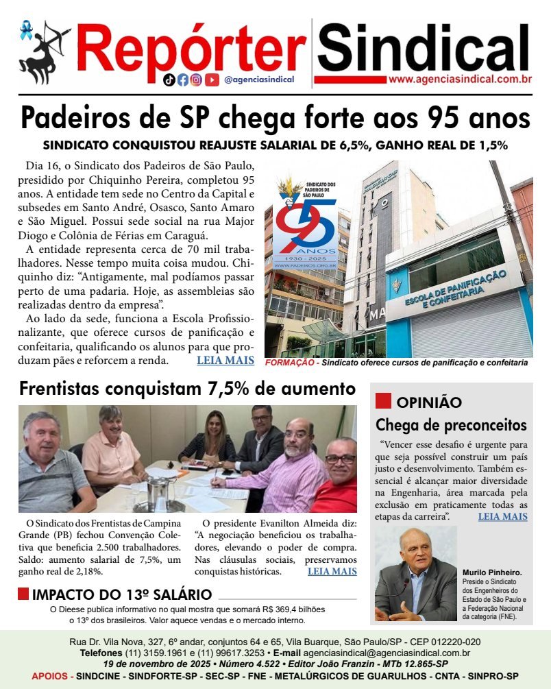 Capa do Repórter Sindical, edição 4.522: Padeiros de SP chega forte aos 95 anos
