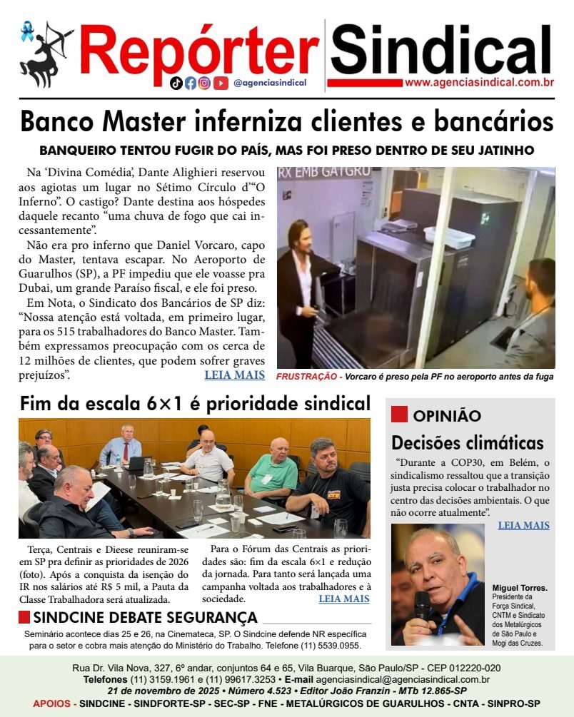 Capa do Repórter Sindical, edição 4.523: Banco Master inferniza clientes e bancários