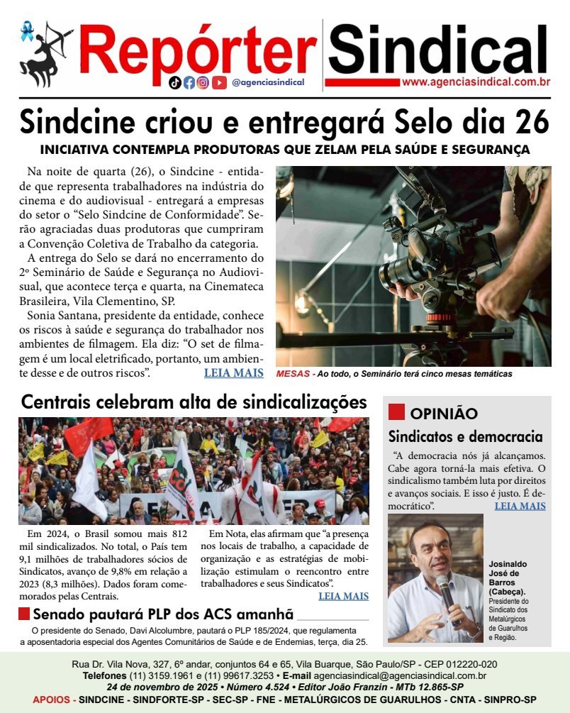 Capa do Repórter Sindical, edição 4.524: Sindcine criou e entregará Selo dia 26