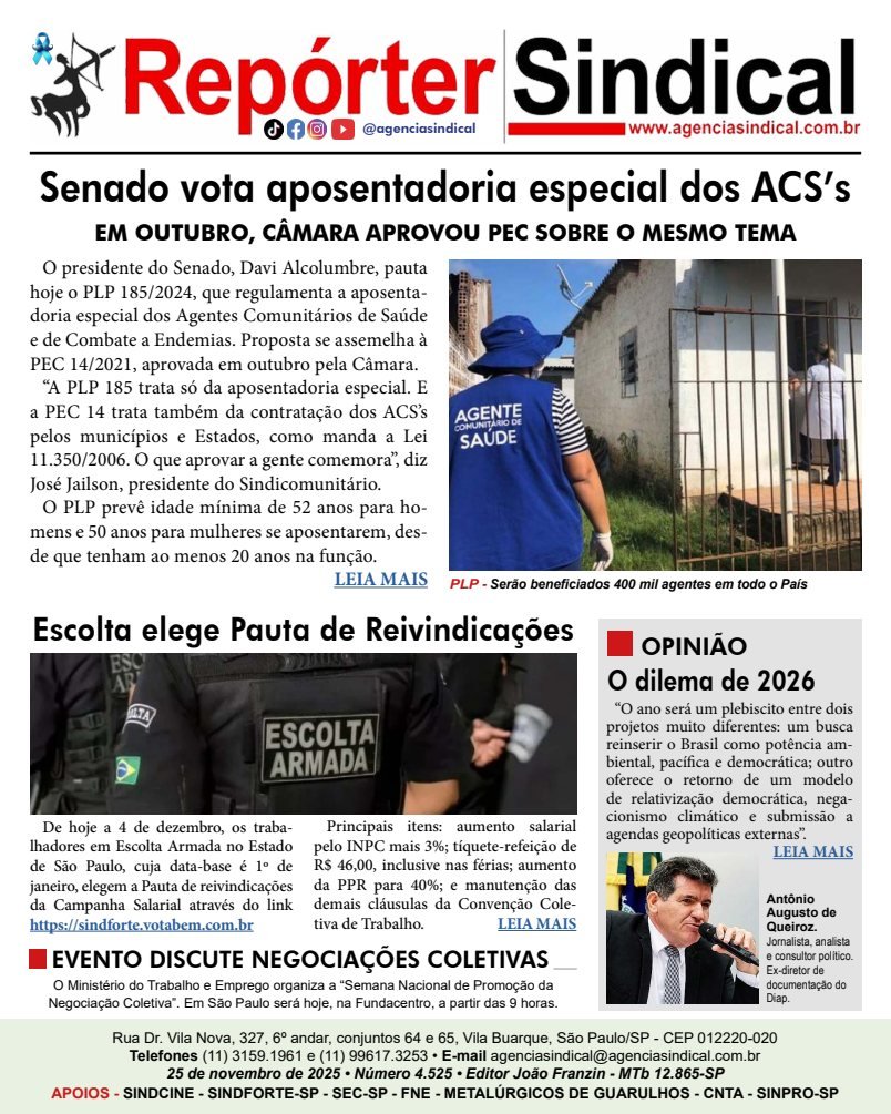 Capa do Repórter Sindical, edição 4.525: Senado vota aposentadoria especial dos ACS’s