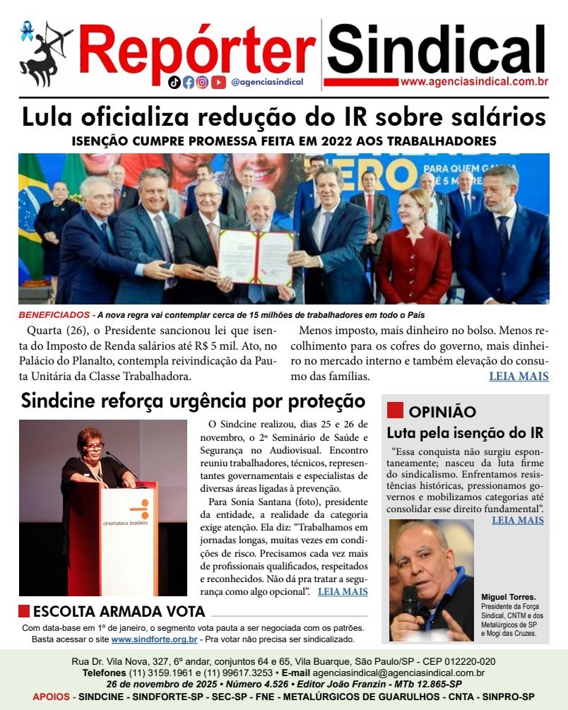Capa do Repórter Sindical, edição 4.526: Lula oficializa redução do IR sobre salários