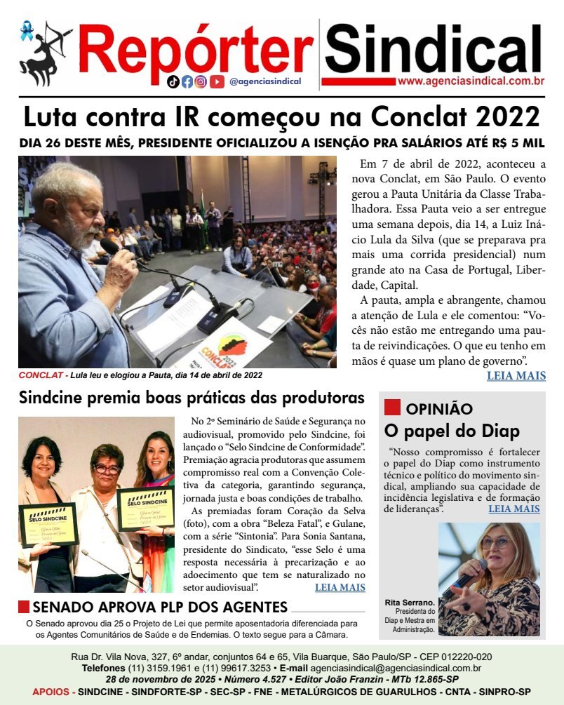 Capa do Repórter Sindical, edição 4.527: Luta contra IR começou na Conclat 2022