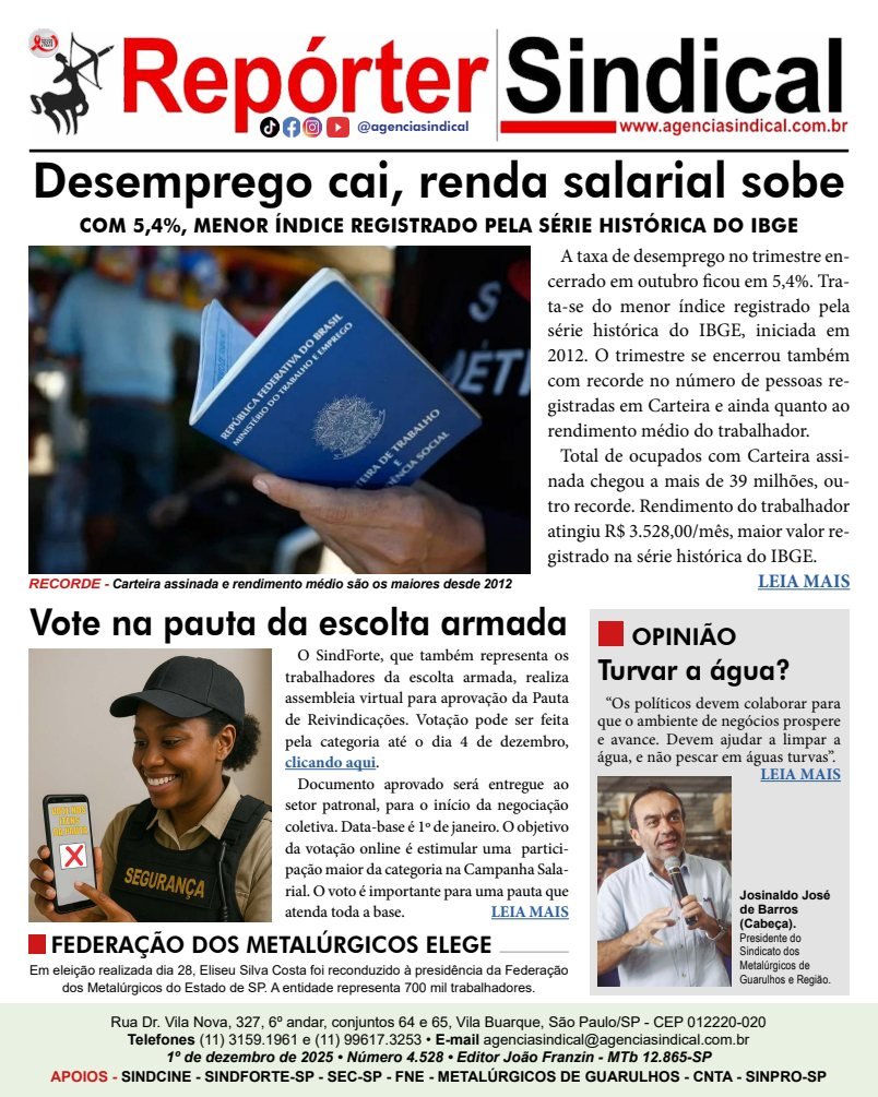 Capa do Repórter Sindical, edição 4.528: Desemprego cai, renda salarial sobe