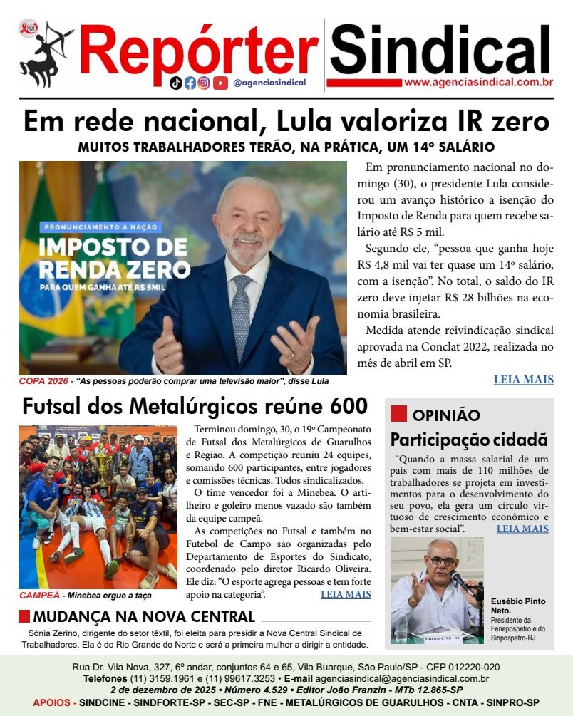 Capa do Repórter Sindical, edição 4.529: Em rede nacional, Lula valoriza IR zero