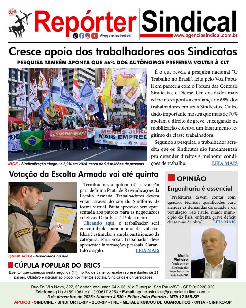 Capa do Repórter Sindical, edição 4.530: Cresce apoio dos trabalhadores aos Sindicatos