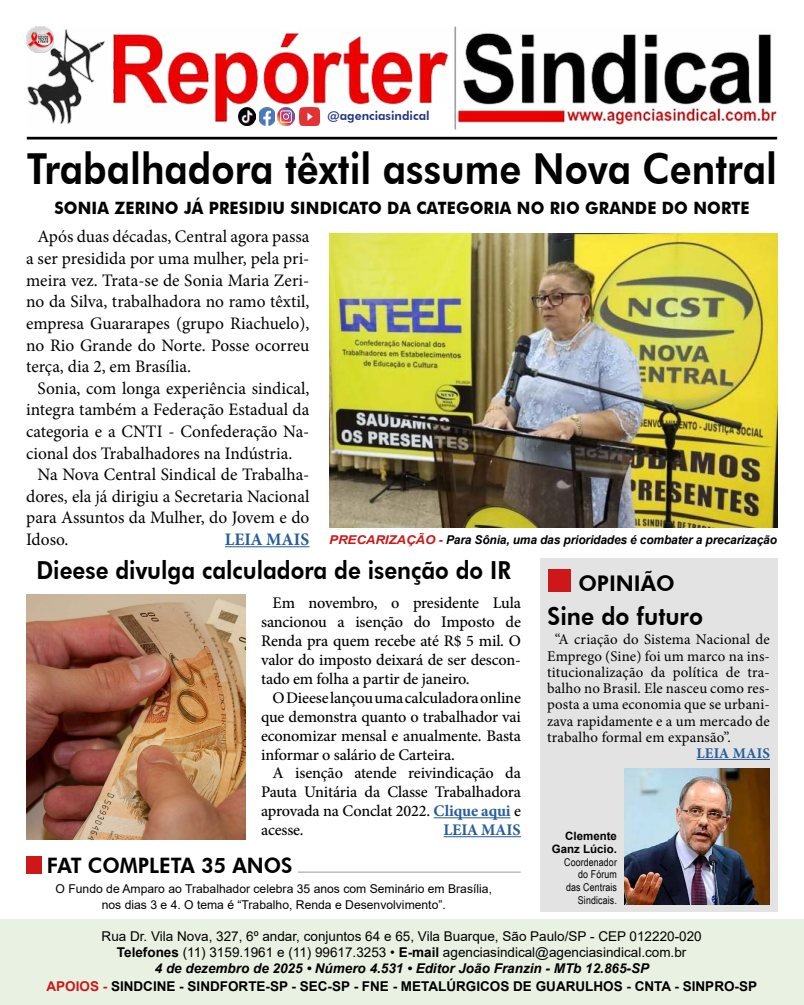 Capa do Repórter Sindical, edição 4.531: Trabalhadora têxtil assume Nova Central