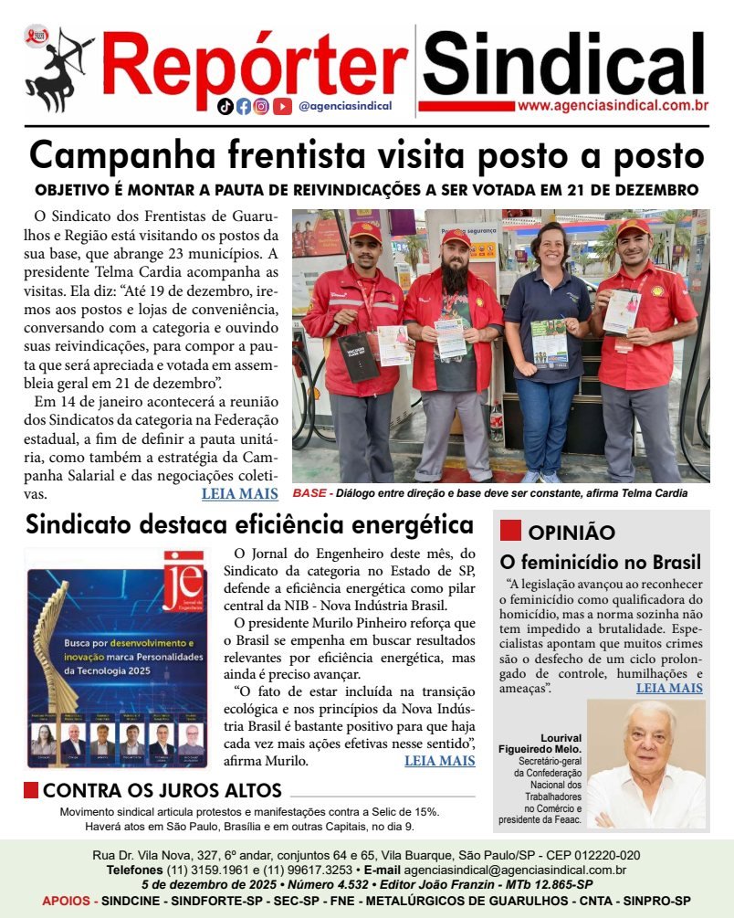 Capa do Repórter Sindical, edição 4.532: Campanha frentista visita posto a posto