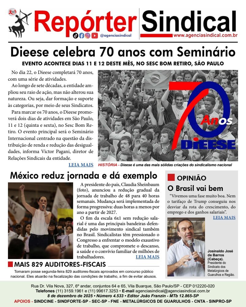 Capa do Repórter Sindical, edição 4.533: Dieese celebra 70 anos com Seminário