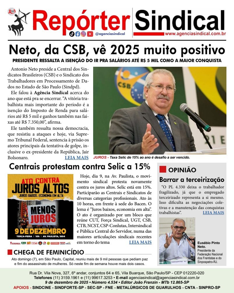 Capa do Repórter Sindical, edição 4.534: Neto, da CSB, vê 2025 muito positivo