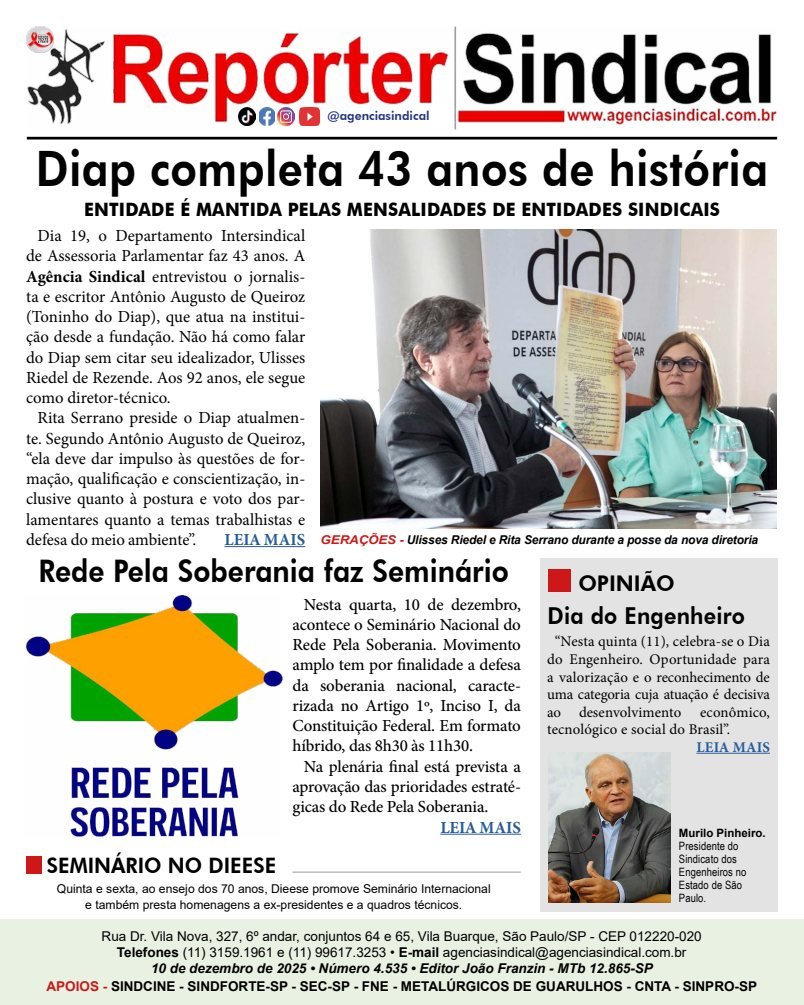 Capa do Repórter Sindical, edição 4.535: Diap completa 43 anos de história