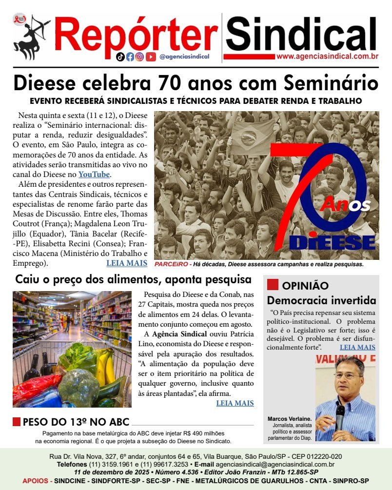 Capa do Repórter Sindical, edição 4.536: Dieese celebra 70 anos com Seminário