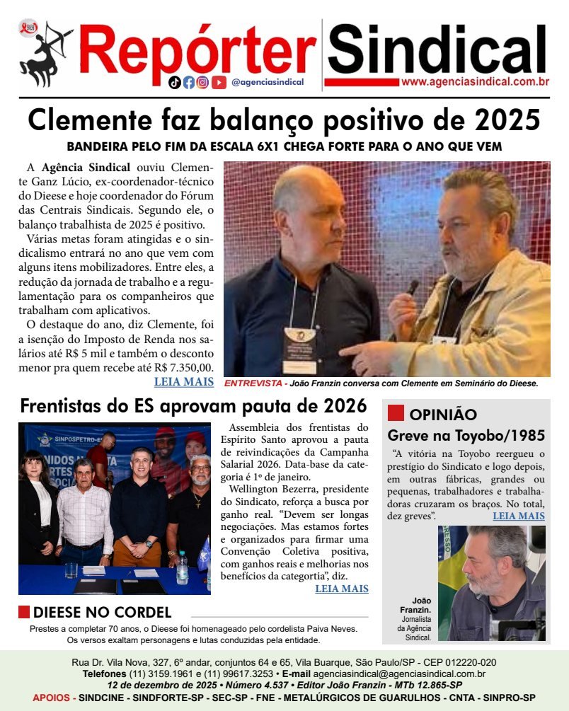 Capa do Repórter Sindical, edição 4.537: Clemente faz balanço positivo de 2025
