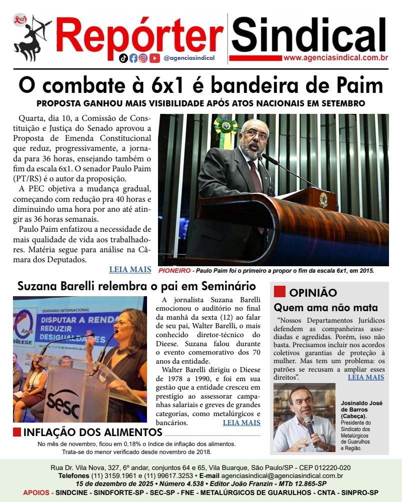 Capa do Repórter Sindical, edição 4.538: O combate à 6x1 é bandeira de Paim