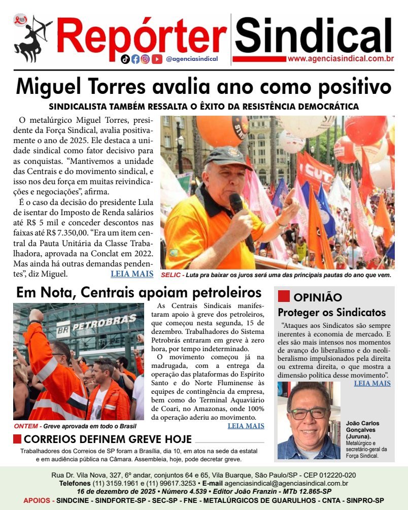 Capa do Repórter Sindical, edição 4.539: Miguel Torres avalia ano como positivo
