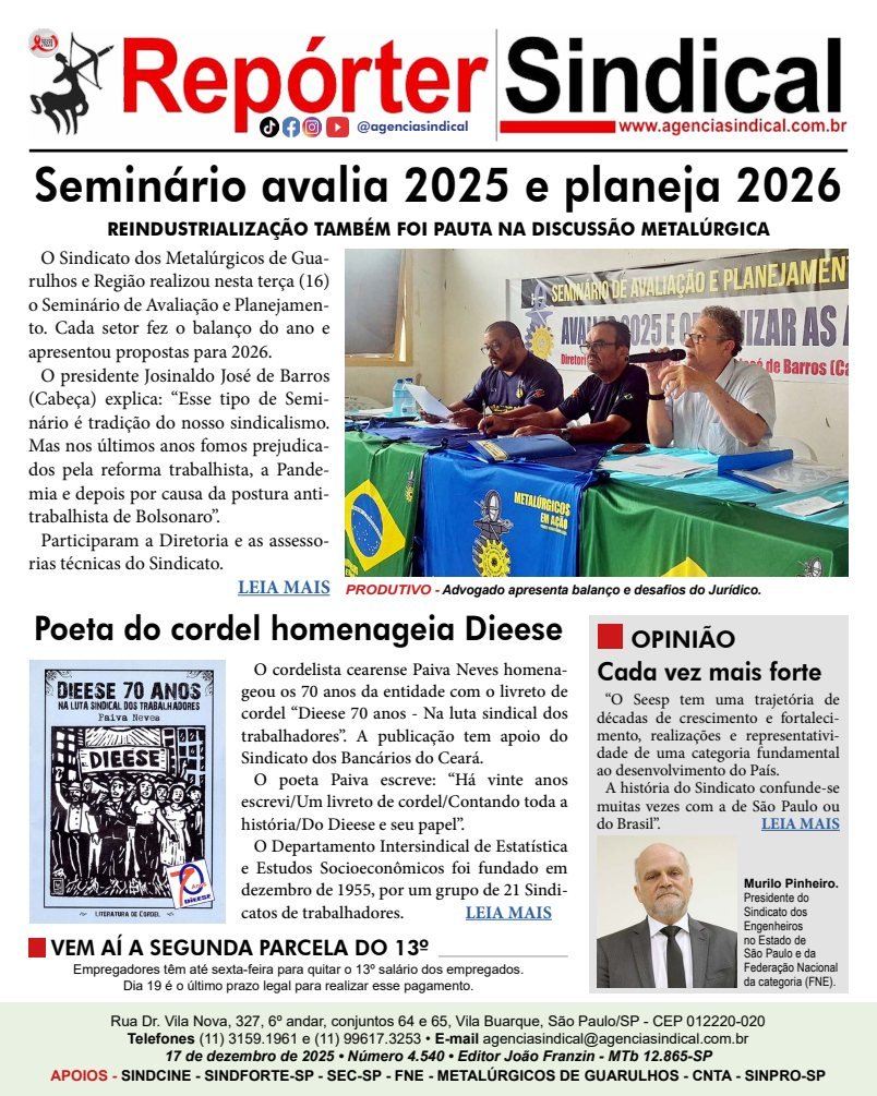 Capa do Repórter Sindical, edição 4.540: Seminário avalia 2025 e planeja 2026