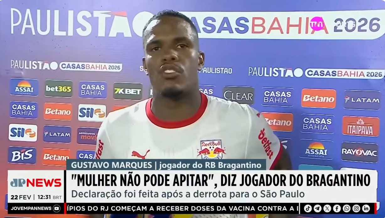 “FPF tem que olhar um jogo desses e não colocar mulher pra apitar. Ela não tem capacidade”, Gustavo Marques, do Bragantino