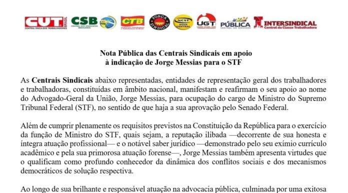 Centrais apoiam Messias ao STF
