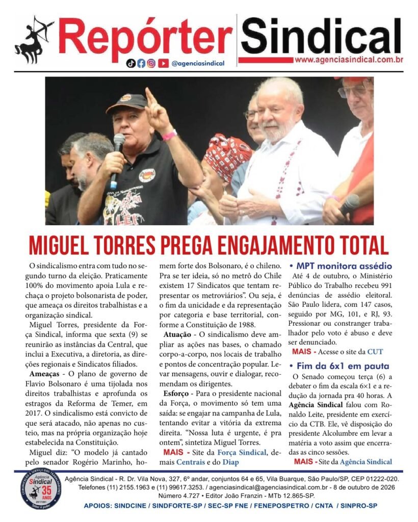 Capa do Repórter Sindical, edição 4.727: Miguel Torres prega engajamento total