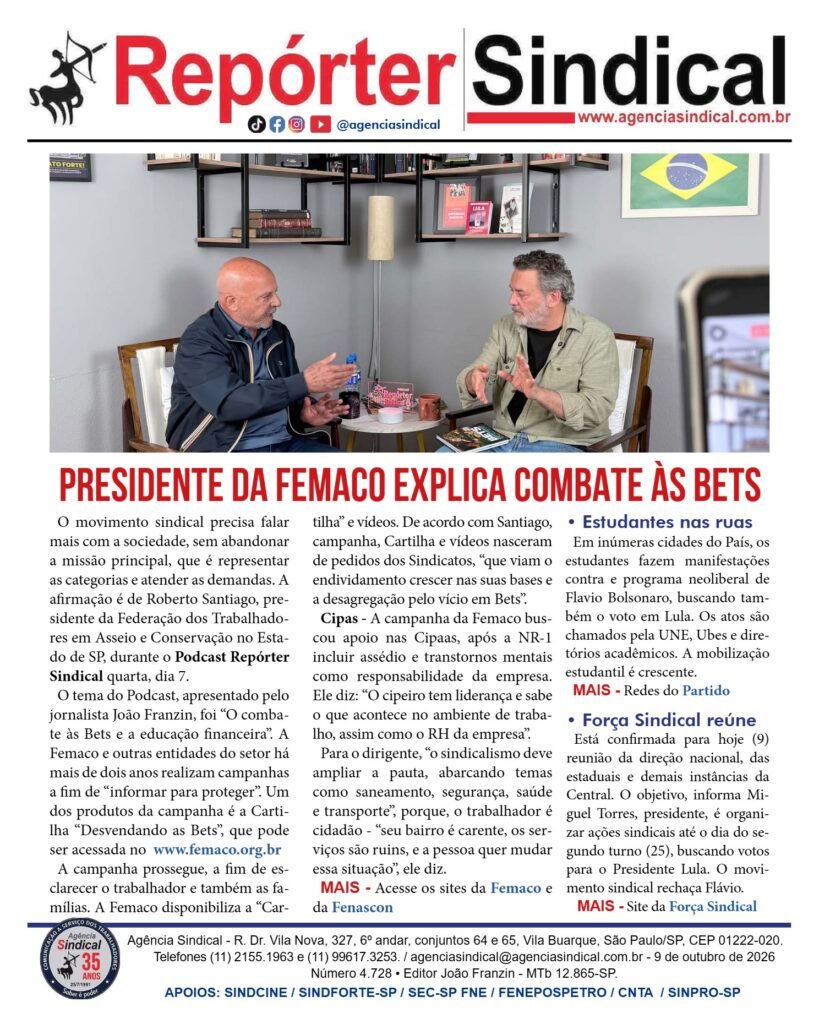 Capa do Repórter Sindical, edição 4.728: Presidente da Femaco explica combate às bets