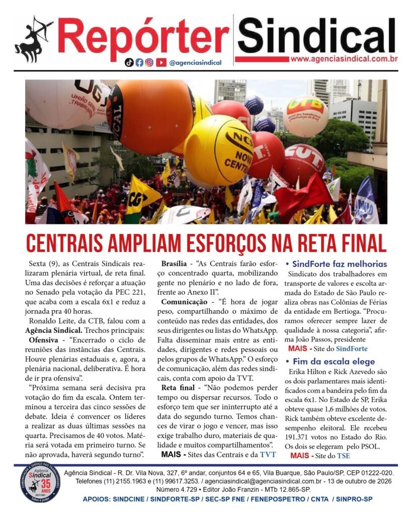 Capa do Repórter Sindical, edição 4.729: Centrais ampliam esforços na reta final