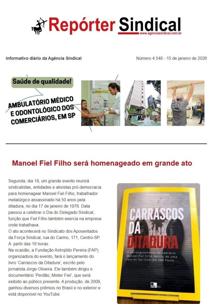 Capa do Repórter Sindical, edição 4.548: Manoel Fiel Filho será homenageado em grande ato