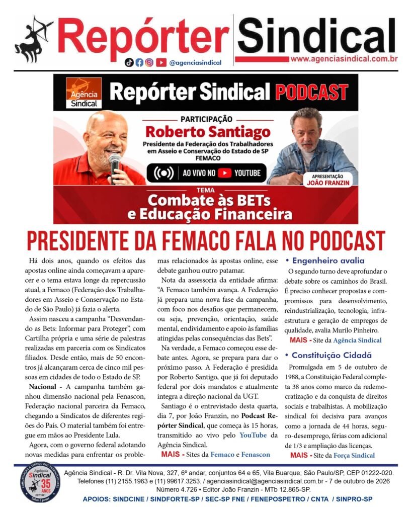 Capa do Repórter Sindical, edição 4.726: Presidente da Femaco fala no podcast
